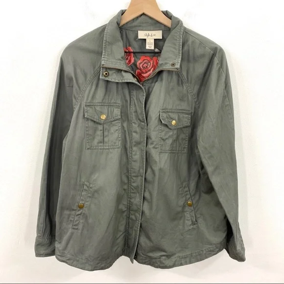 Style & Co Floral Embroidered Army Green Jacket - Picture 2 of 8